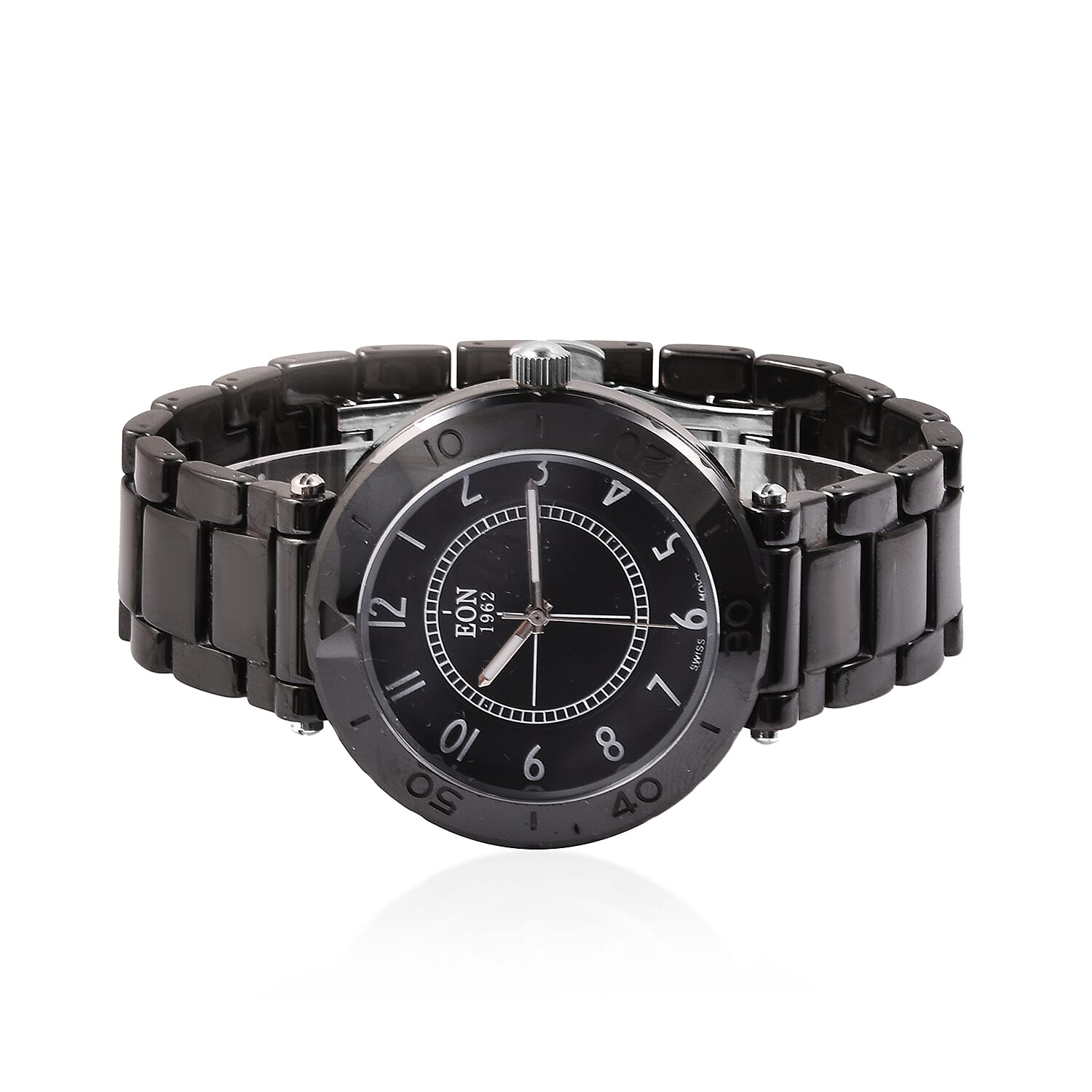 EON 1962 Swiss Movement 3 ATM Water Resistant Watch in Stainless Steel with Black Ceramic Chain Strap