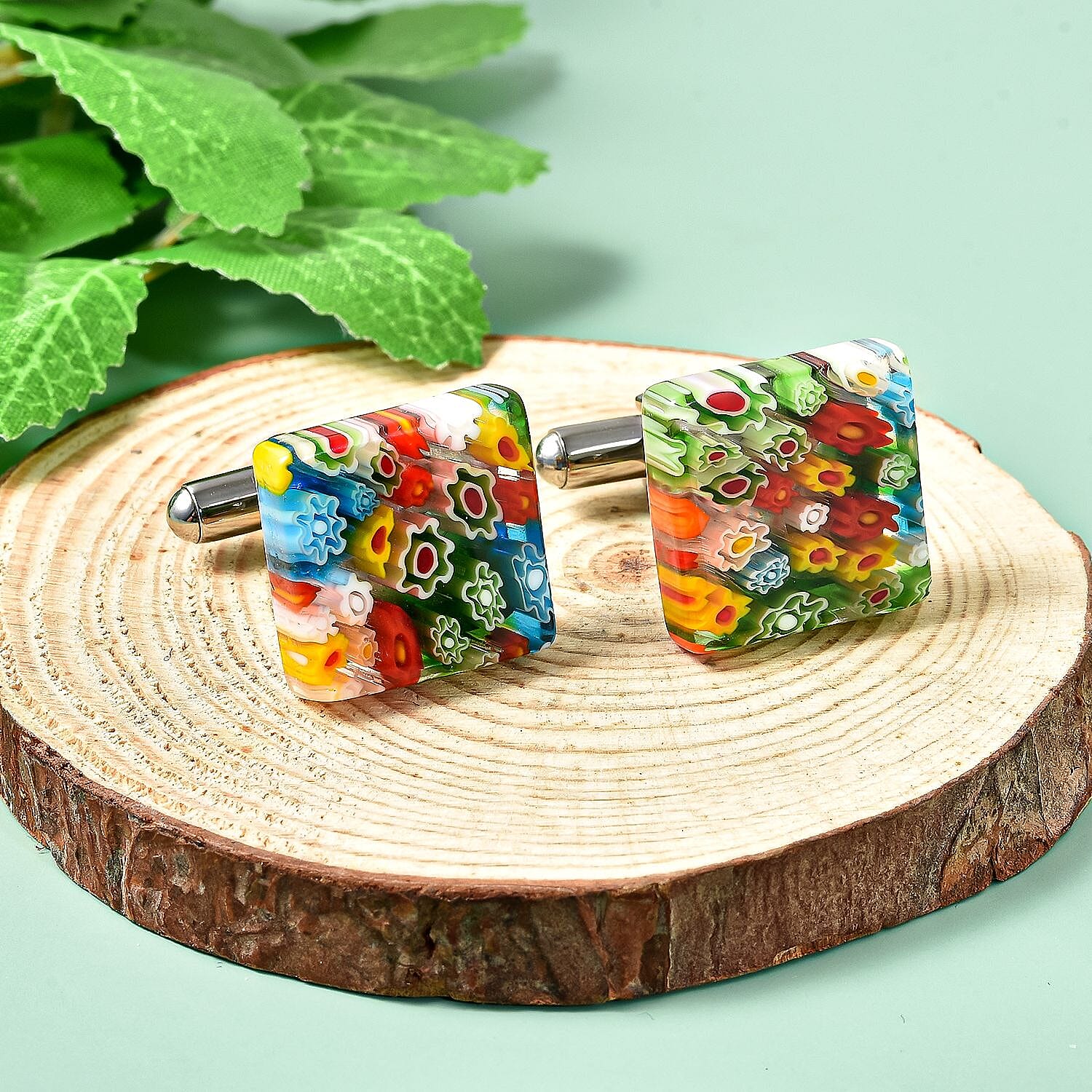 Multi Colour Murano Glass Style Square Cufflinks in Stainless Steel