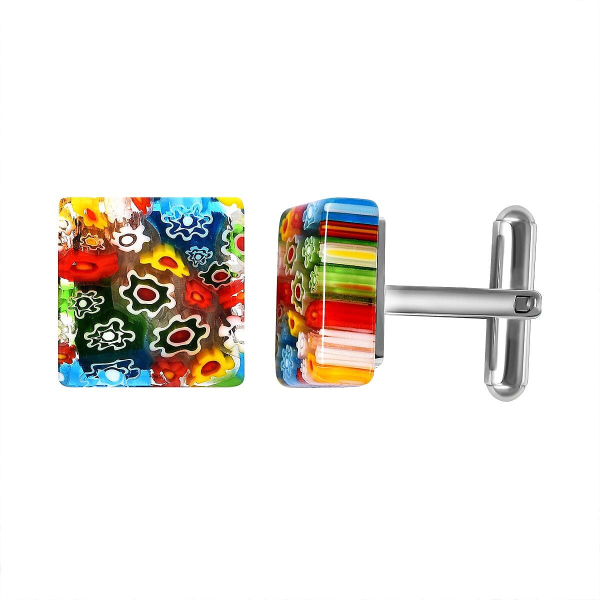 Multi Colour Murano Glass Style Square Cufflinks in Stainless Steel