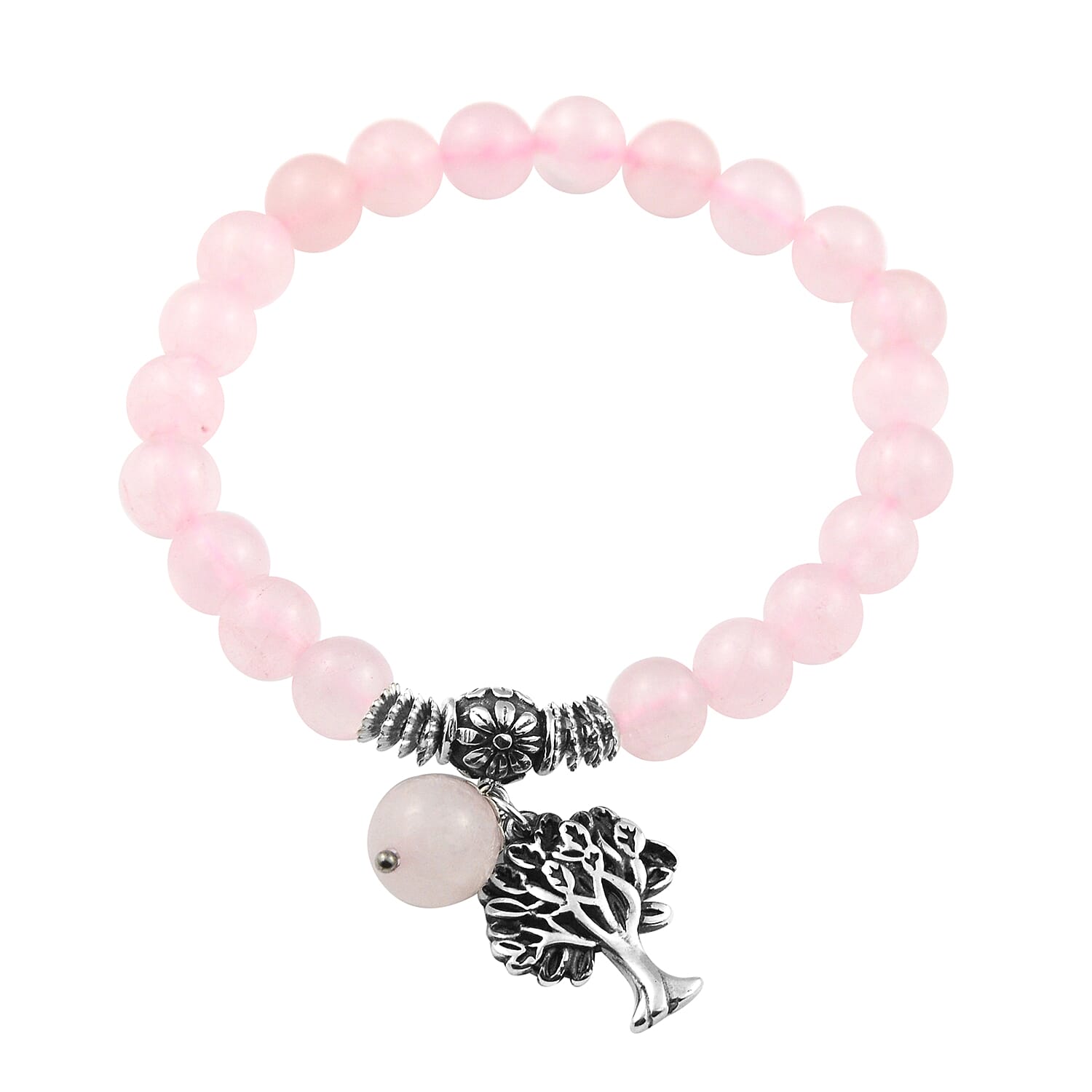 Rose Quartz Tree of Life Lucky Charm Beads Stretchable Bracelet (Size 7.5) in White Tone