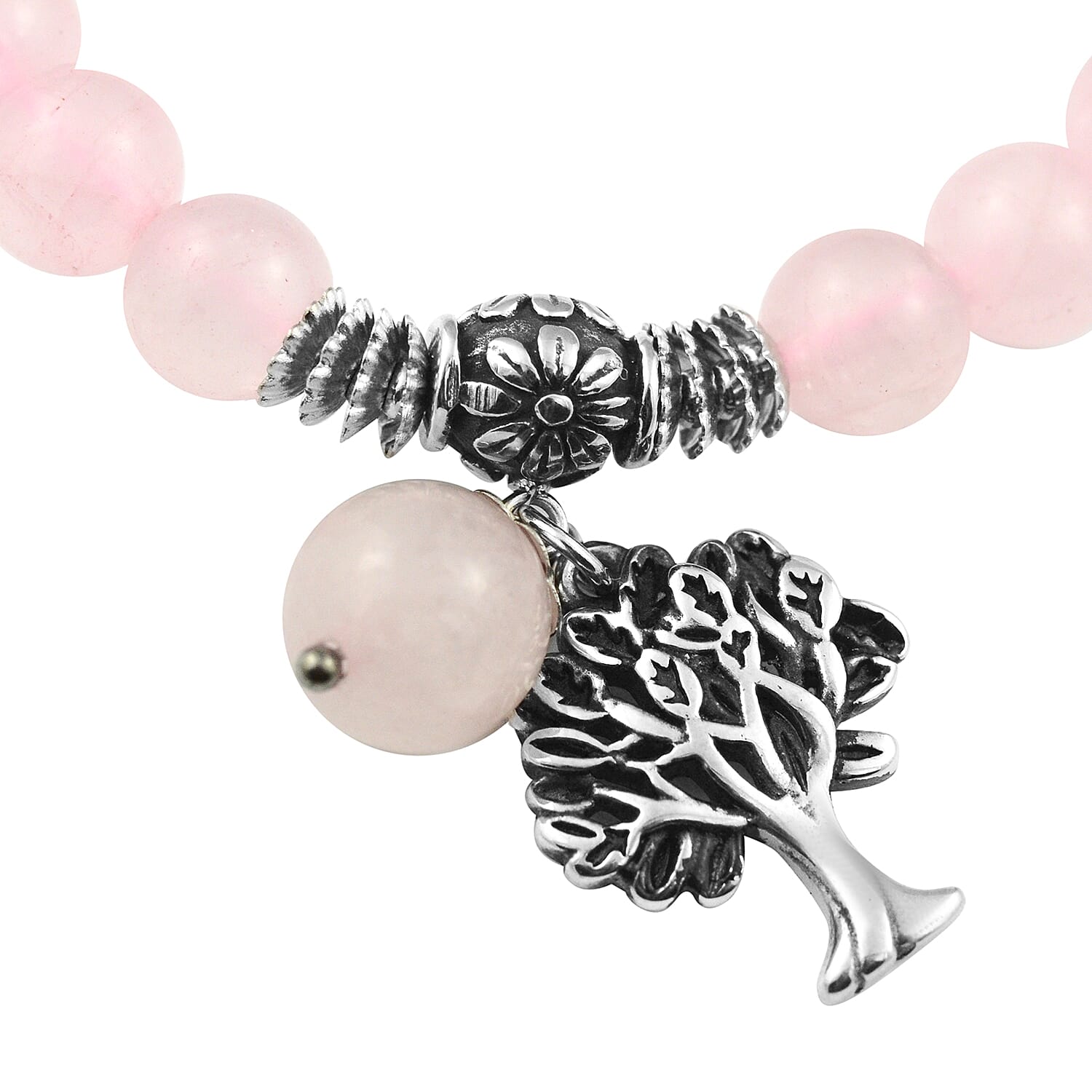Rose Quartz Tree of Life Lucky Charm Beads Stretchable Bracelet (Size 7.5) in White Tone