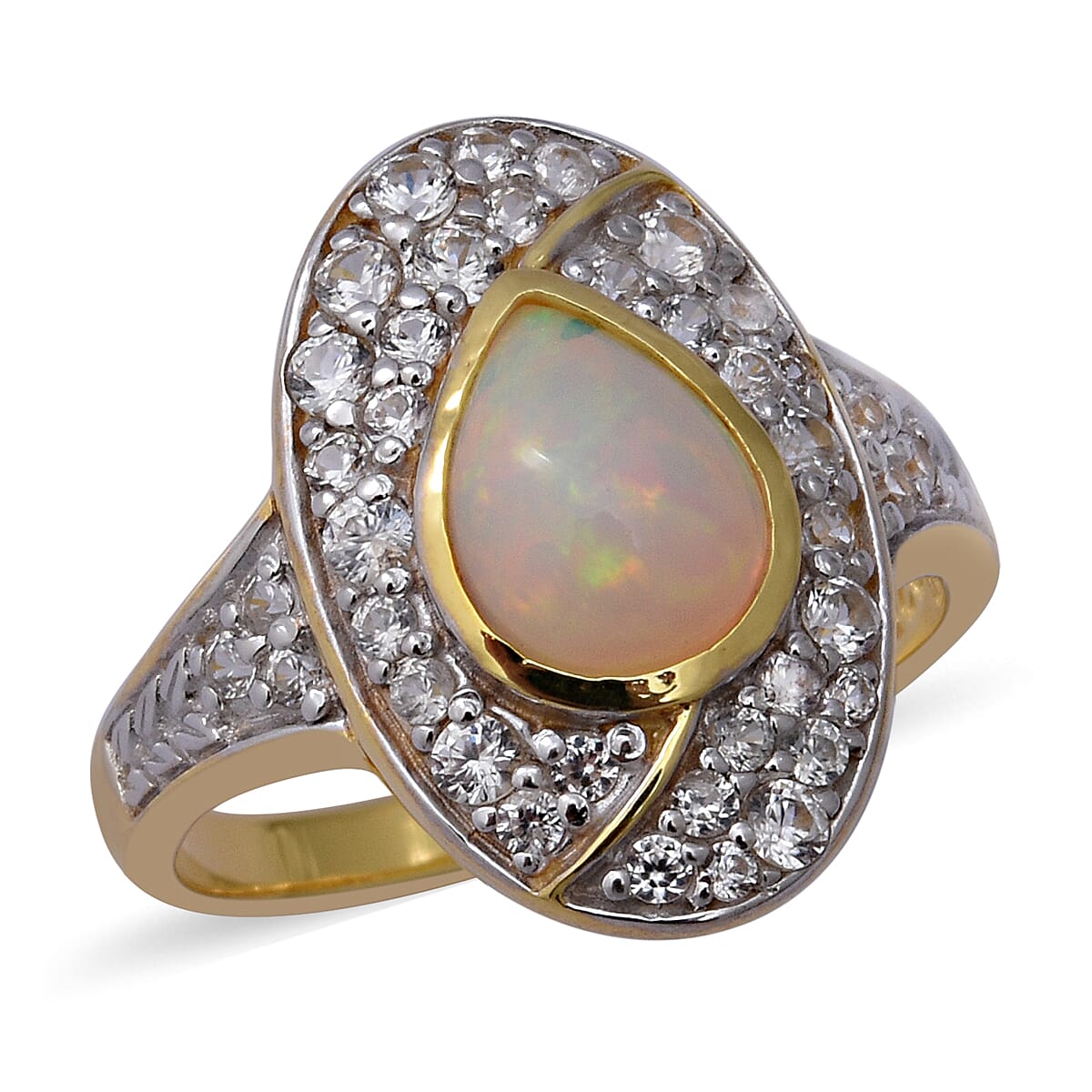 New Arrival - Ethiopian Welo Opal and Natural Cambodian Zircon Ring in Two Tone Overlay Sterling Silver 3.06 Ct.