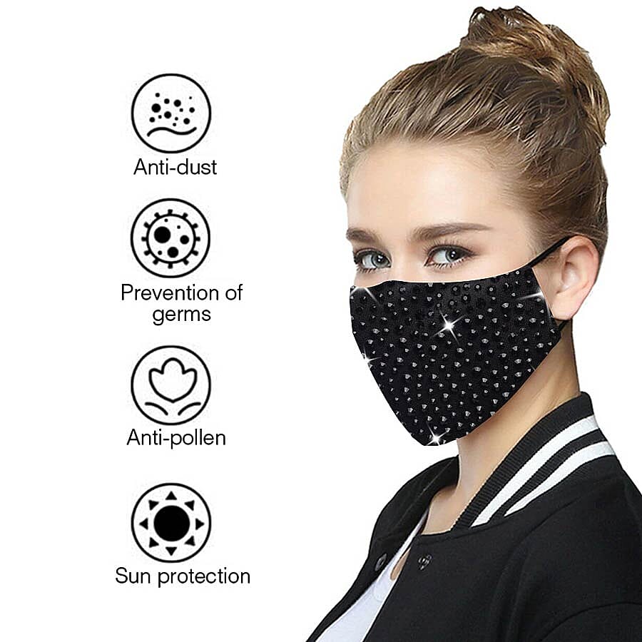 2 Layer Face Covering Decorated With Glass Rhinestones - Black