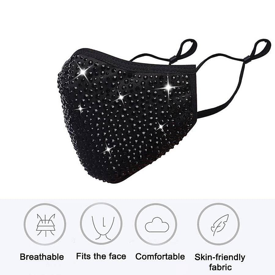 2 Layer Face Covering Decorated With Glass Rhinestones - Black