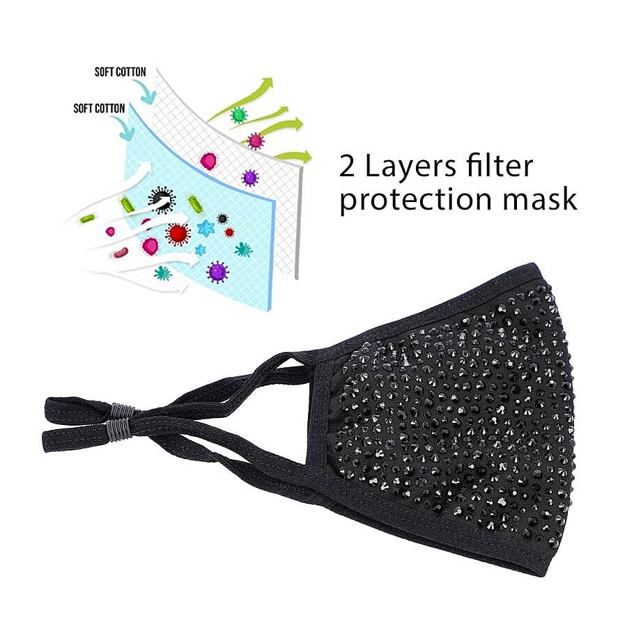 2 Layer Face Covering Decorated With Glass Rhinestones - Black