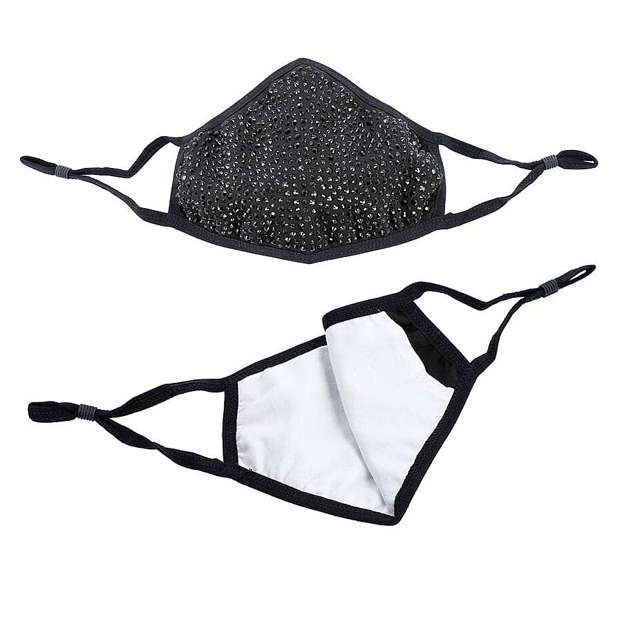 2 Layer Face Covering Decorated With Glass Rhinestones - Black