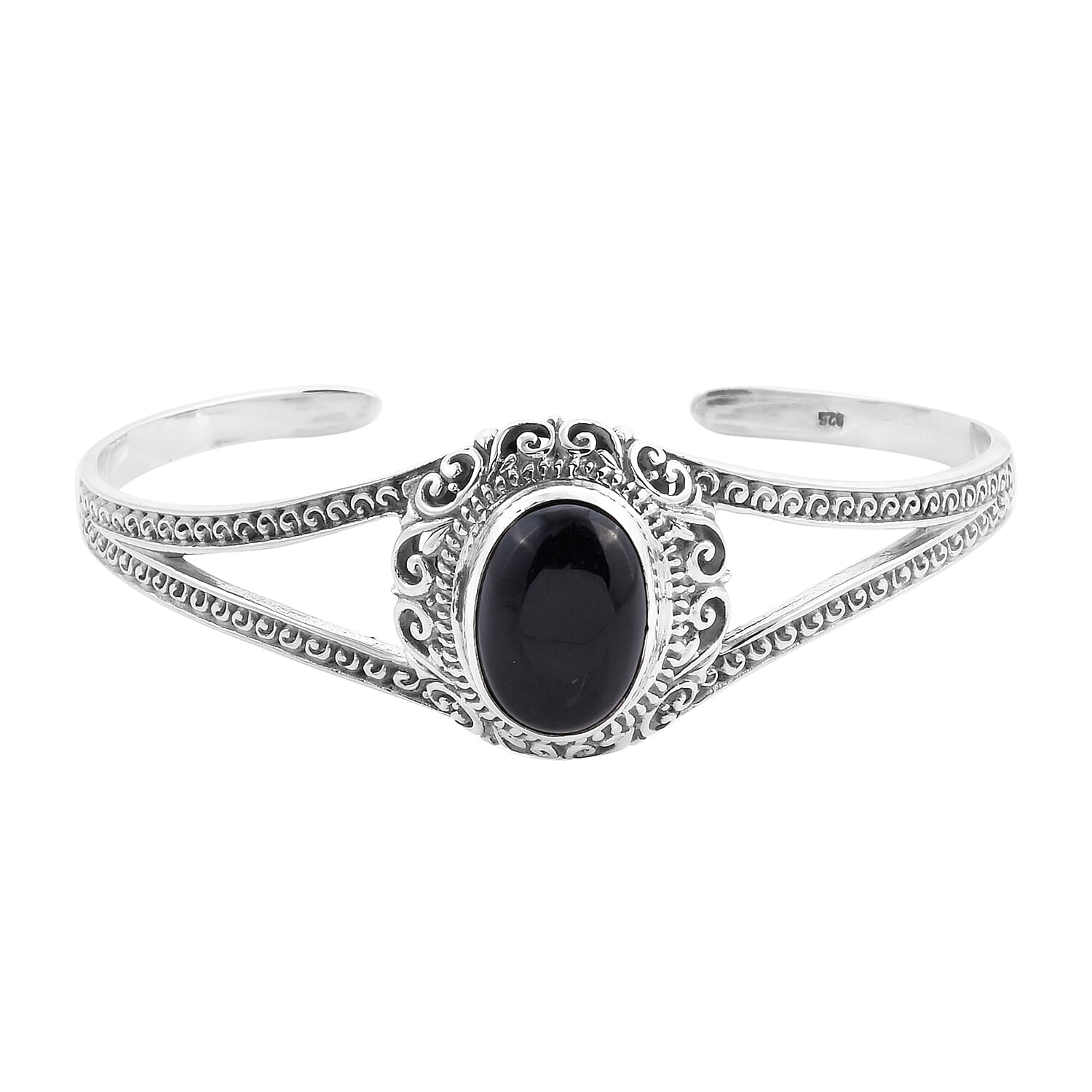 Royal Bali Collection - Black Jade Cuff Bangle (Size 7.5) in Sterling Silver 13.85 Ct, Silver wt 21.55 Gms