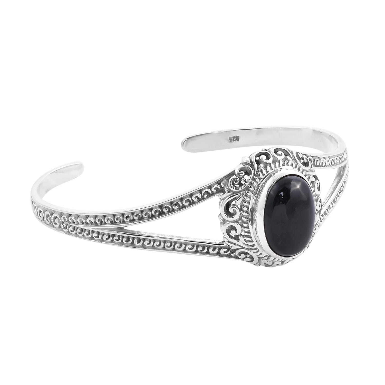 Royal Bali Collection - Black Jade Cuff Bangle (Size 7.5) in Sterling Silver 13.85 Ct, Silver wt 21.55 Gms