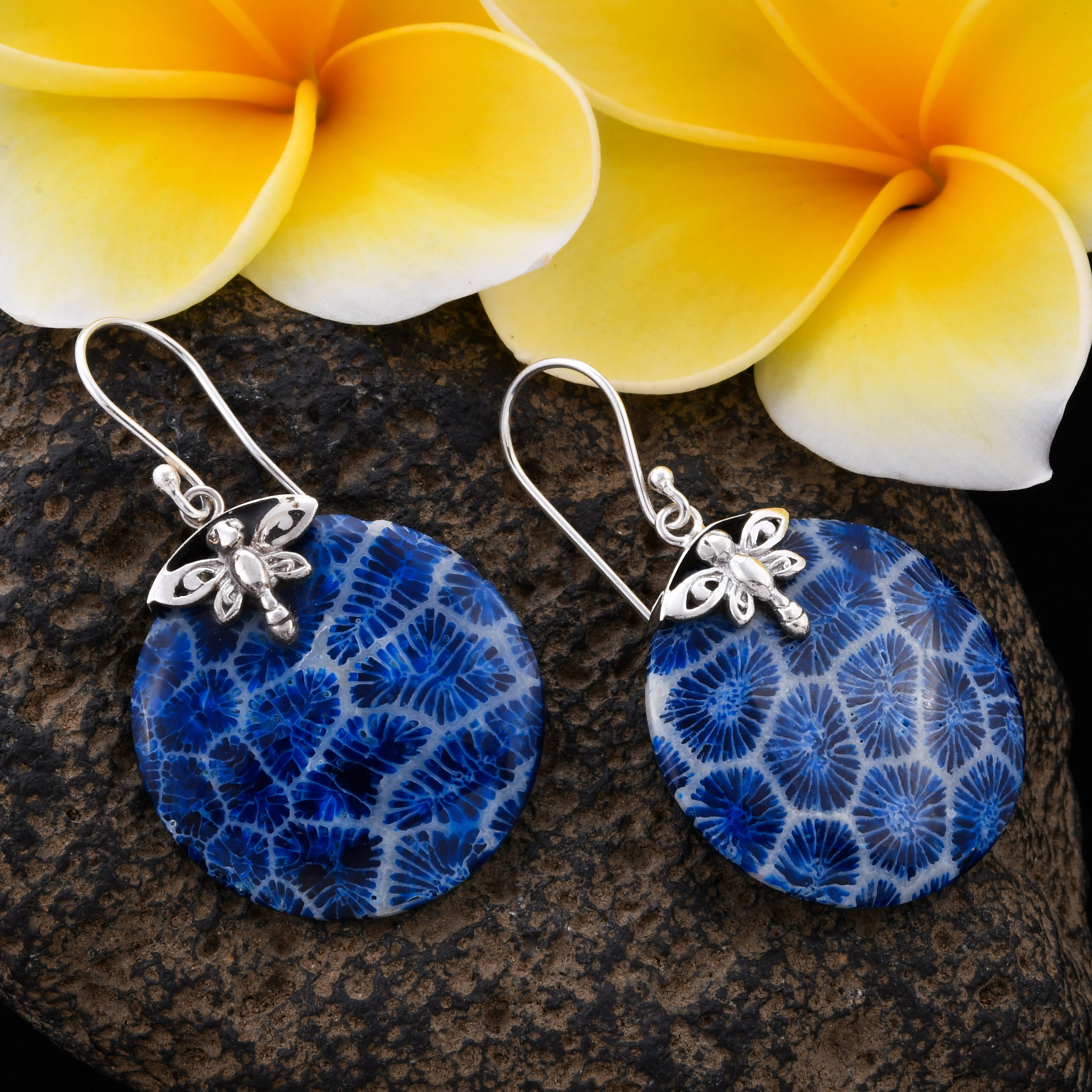 Royal Bali Collection - Blue Sponge Coral Hook Earrings in Sterling Silver