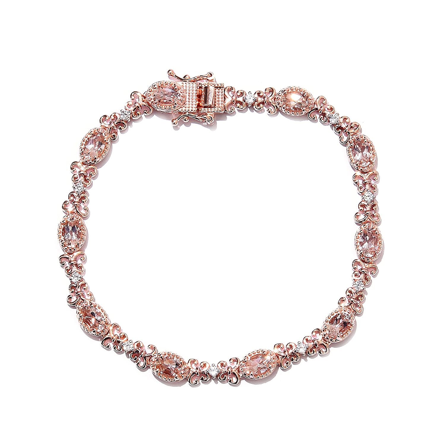 Marropino Morganite and Natural Cambodian Zircon Fleur de lis Link Bracelet (Size 7.5) in Rose Gold Overlay Sterling Silver 4.50 Ct, Silver wt 12.62 Gms