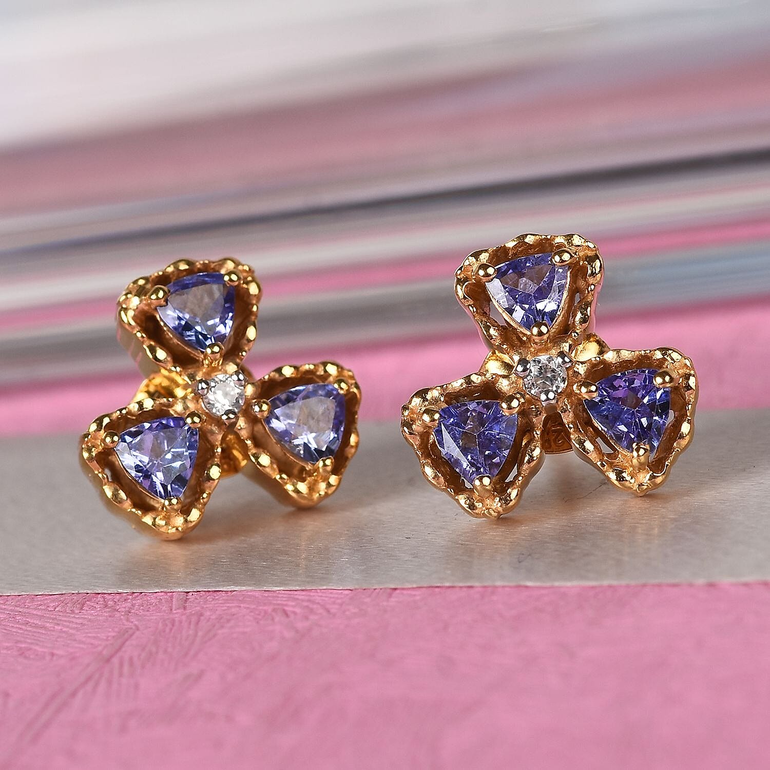 GP - Tanzanite, Natural Cambodian Zircon and Blue Sapphire Shamrock Stud Earrings (with Push Back) in 14K Gold Overlay Sterling Silver