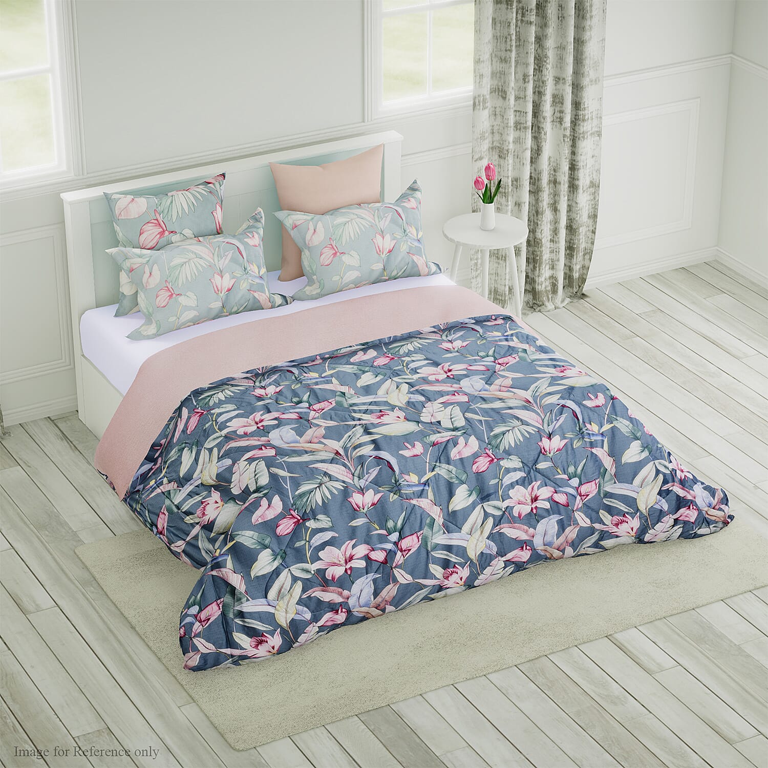 4 Piece Set - Mulberry Silk Quilt with Cotton Printed Cover (200x200cm), 2 Pillow Cases (50x70+5cm) and Cushion Cover (40x40cm) - Teal