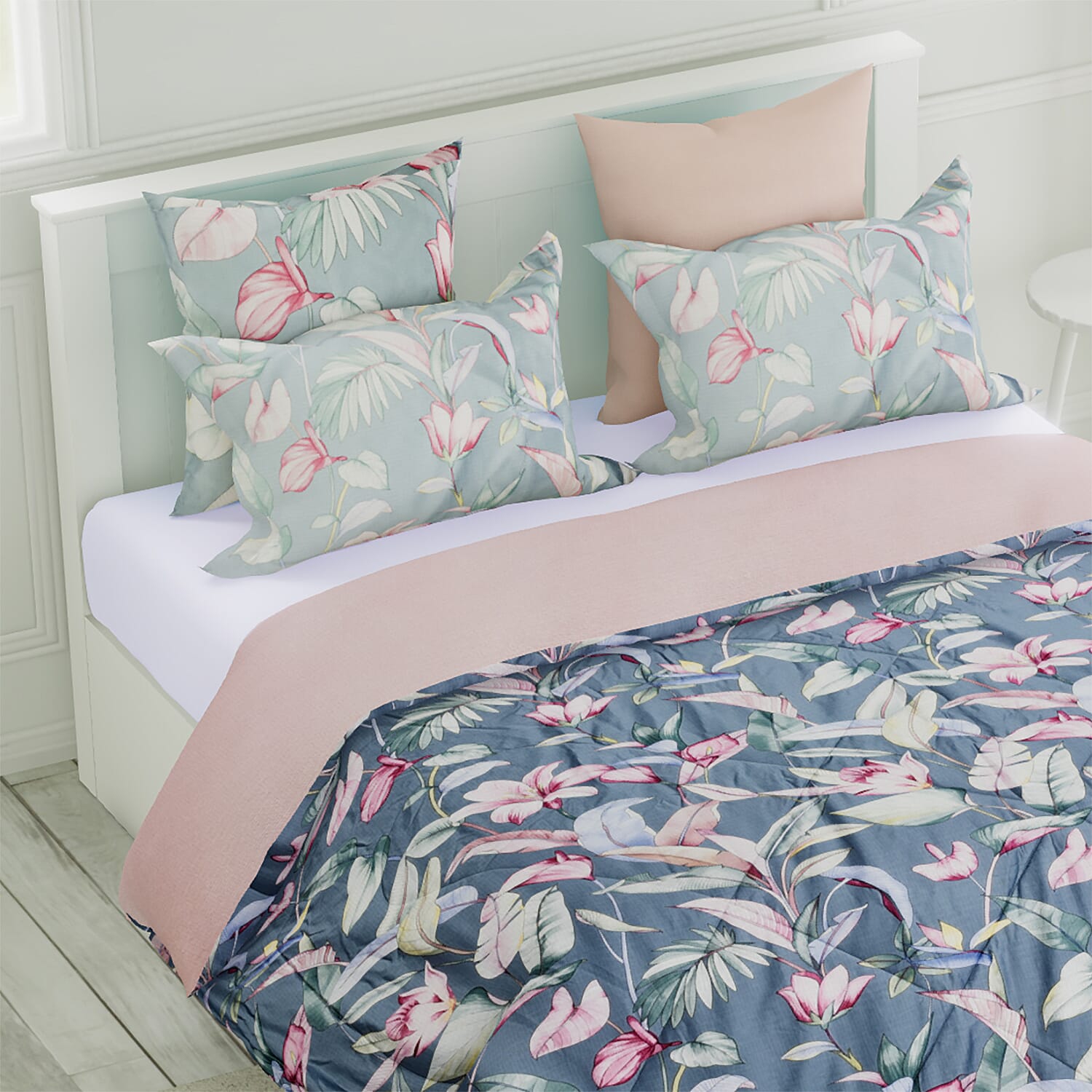 4 Piece Set - Mulberry Silk Quilt with Cotton Printed Cover (200x200cm), 2 Pillow Cases (50x70+5cm) and Cushion Cover (40x40cm) - Teal