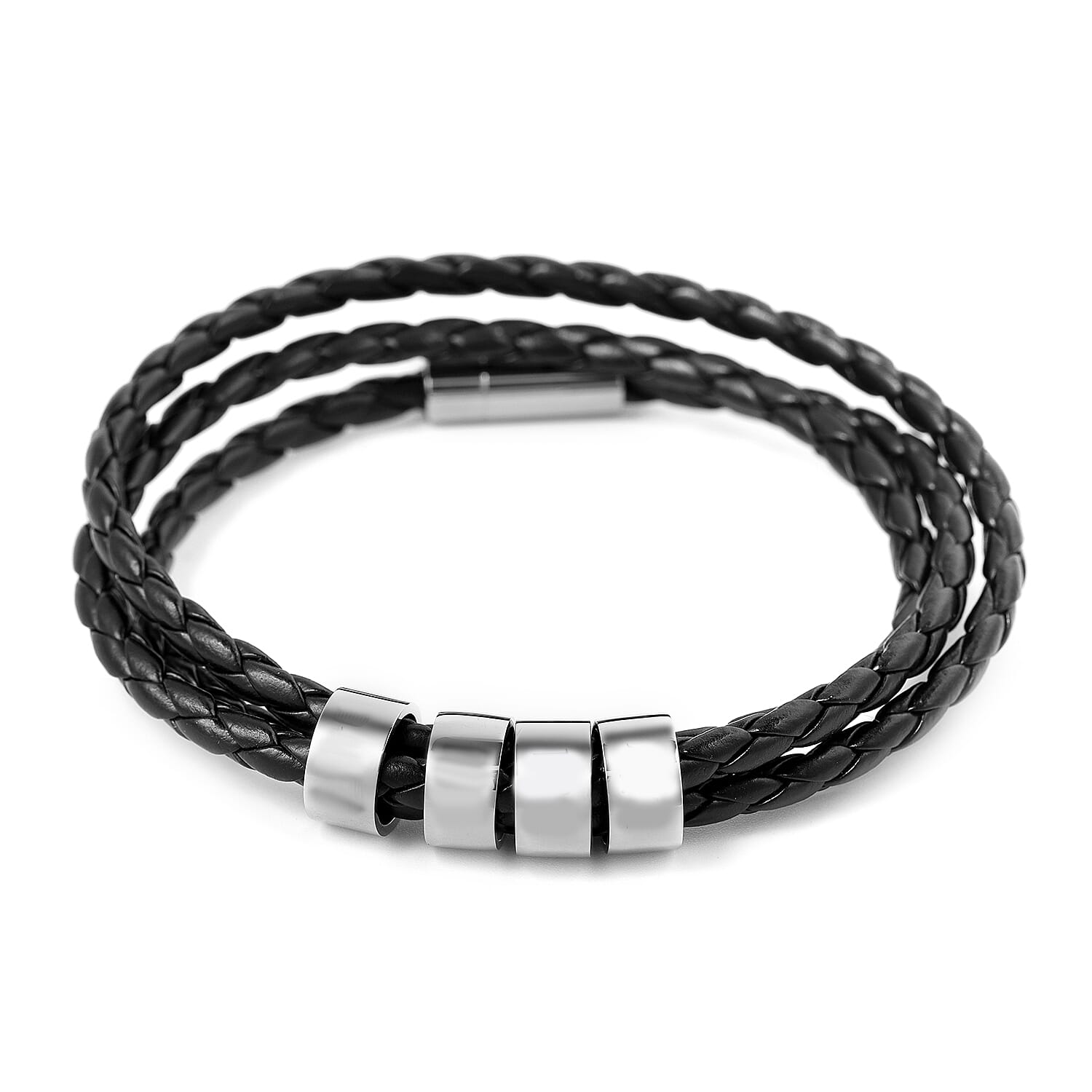 Genuine Leather Braided Bracelet (Size 7) in Silver Tone