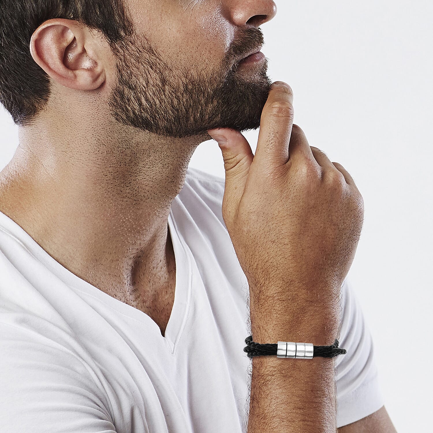 Genuine Leather Braided Bracelet (Size 7) in Silver Tone