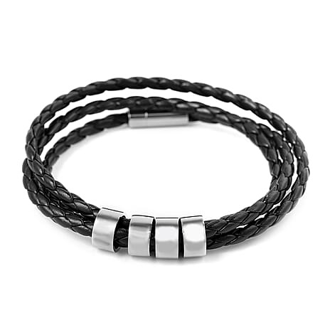 Braided Genuine Leather Bracelet (Size 7.5) with Charms in Stainless Steel
