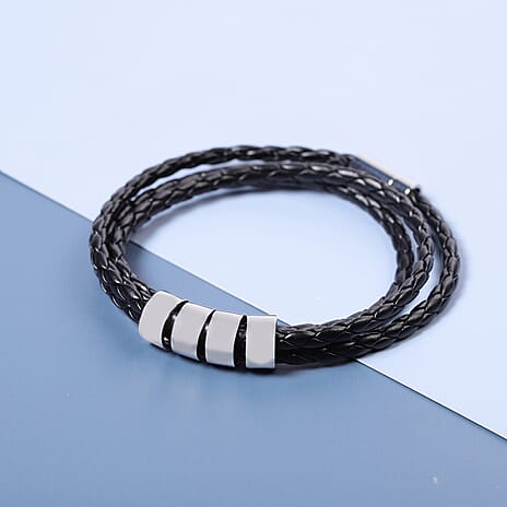 Braided Genuine Leather Bracelet (Size 7.5) with Charms in Stainless Steel