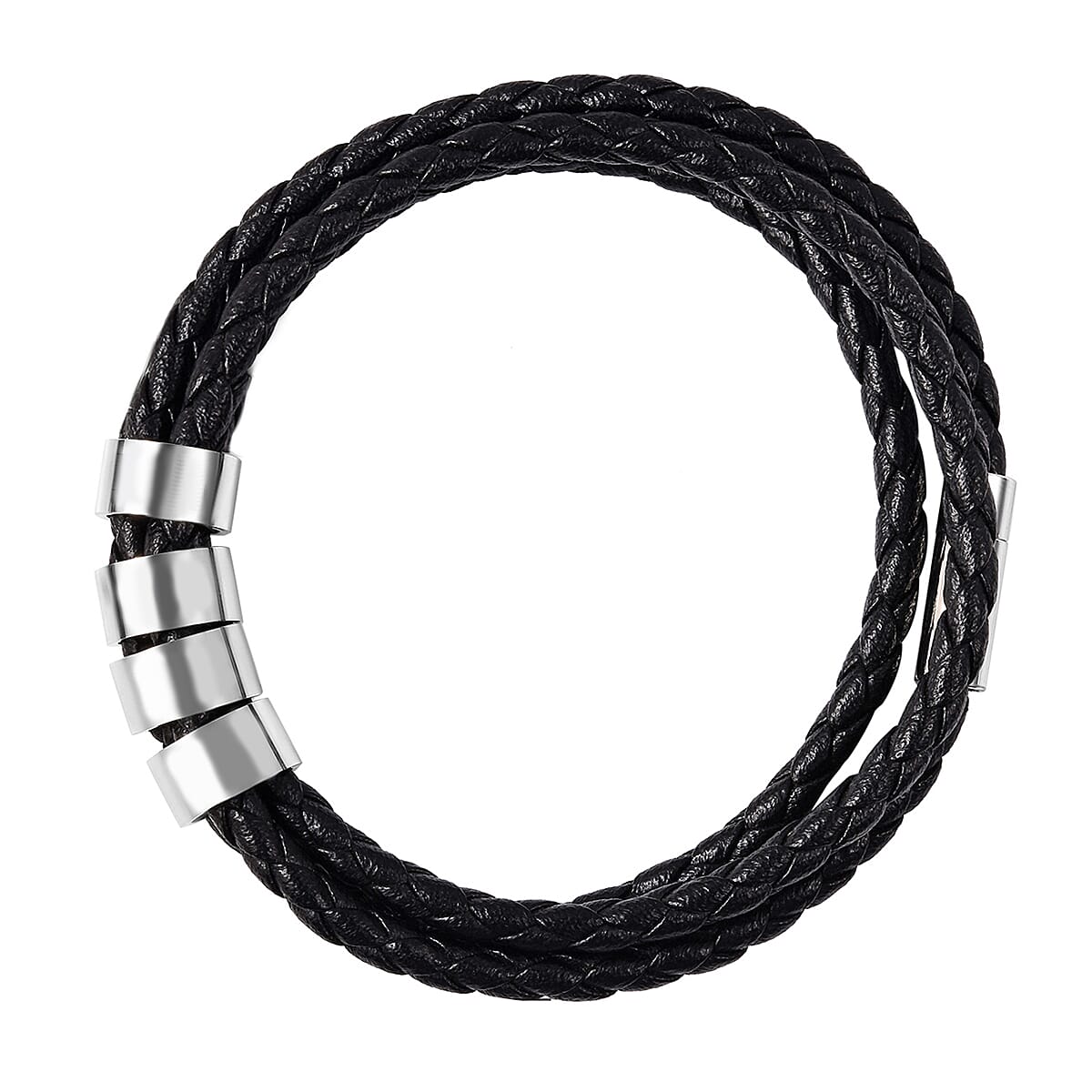 Braided Genuine Leather Bracelet (Size 7.5) with Charms in Stainless Steel