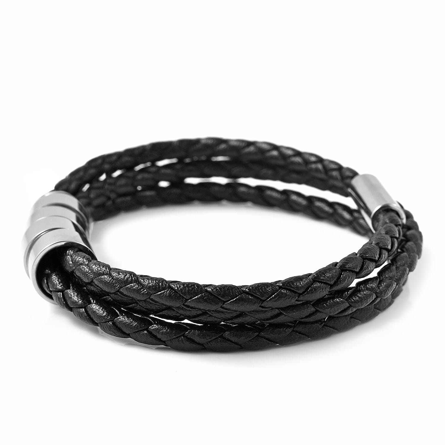 Braided Genuine Leather Bracelet (Size 7.5) with Charms in Stainless Steel