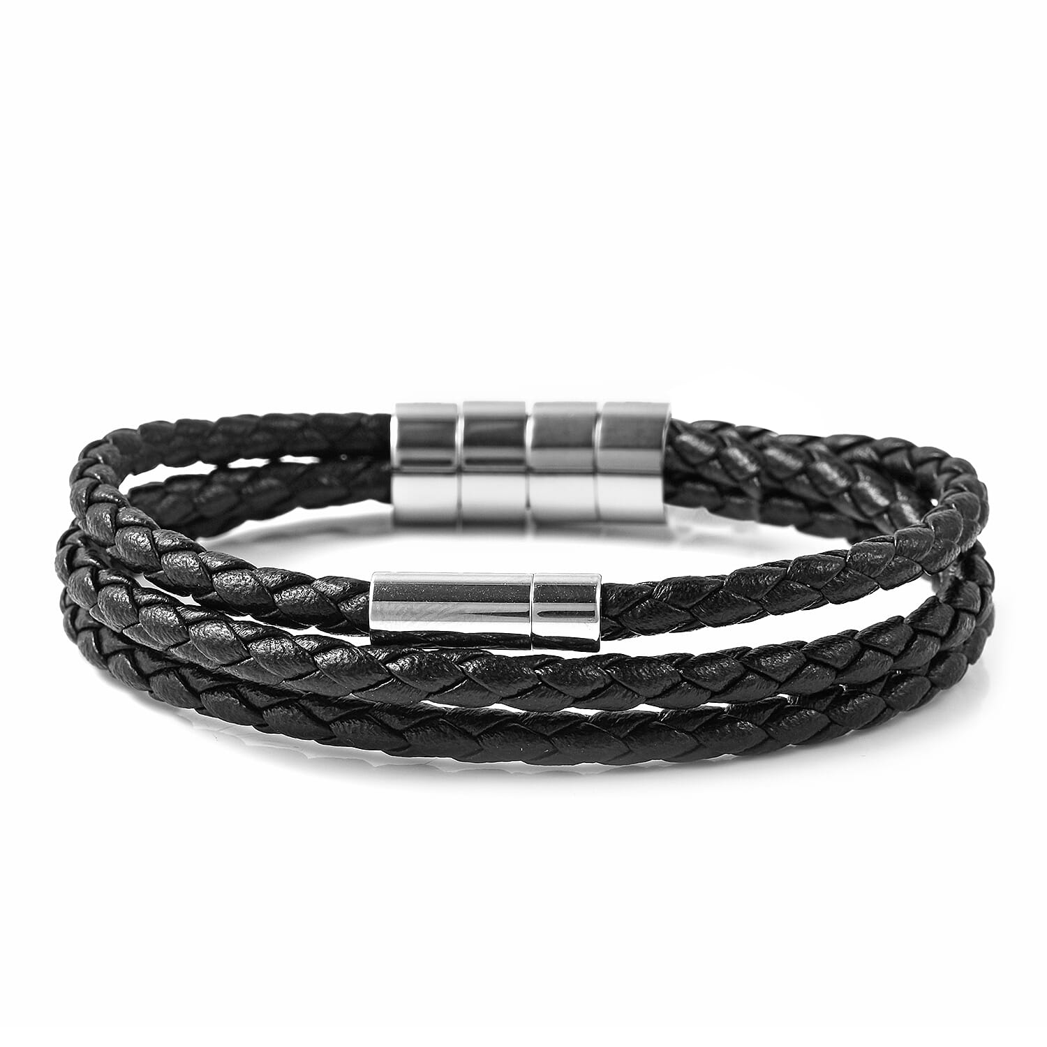 Braided Genuine Leather Bracelet (Size 7.5) with Charms in Stainless Steel