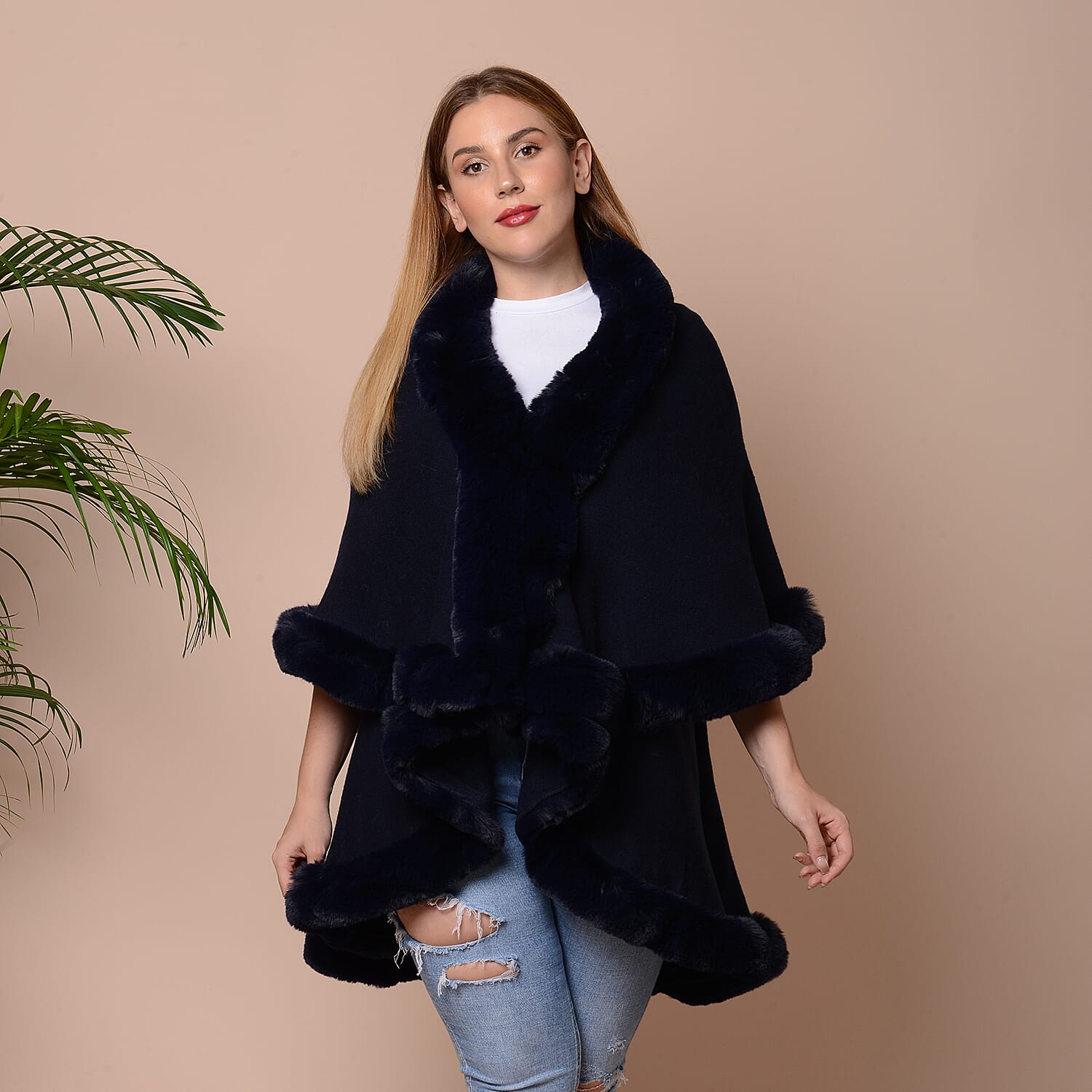 Solid Navy Kimono with Fuax Fur Trim (Size 125x79cm)