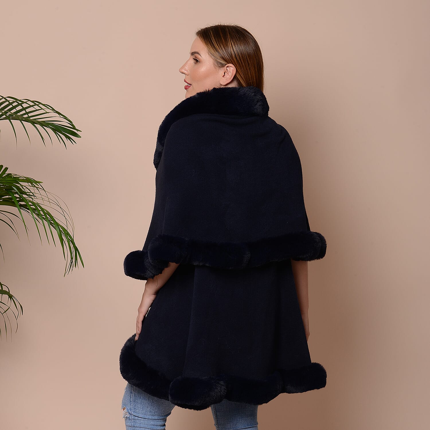 Solid Navy Kimono with Fuax Fur Trim (Size 125x79cm)