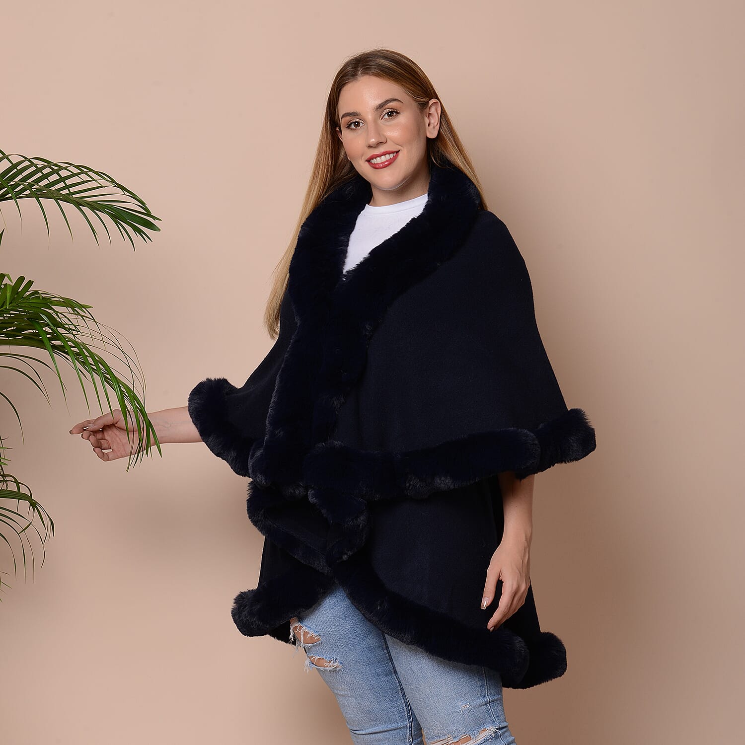 Solid Navy Kimono with Fuax Fur Trim (Size 125x79cm)