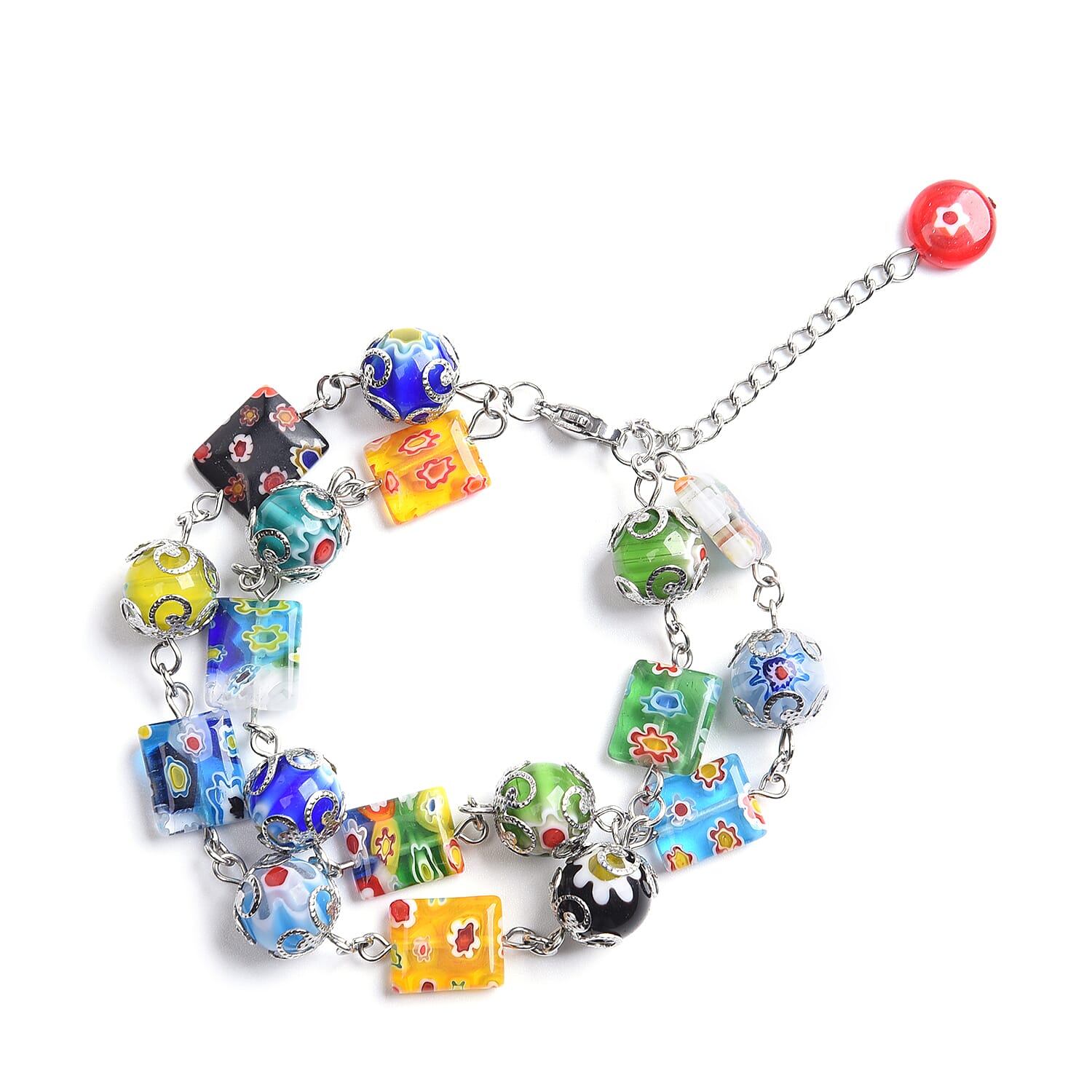 Multi Colour Murano Style Glass Bracelet (Size 7.5 with 2 inch Extender) in Stainless Steel