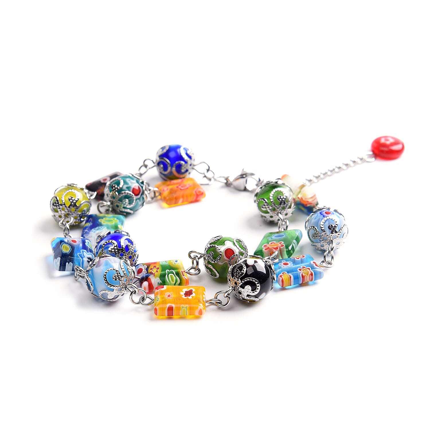 Multi Colour Murano Style Glass Bracelet (Size 7.5 with 2 inch Extender) in Stainless Steel