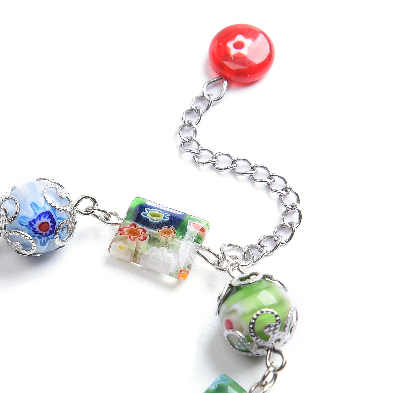 Multi Colour Murano Style Glass Bracelet (Size 7.5 with 2 inch Extender) in Stainless Steel