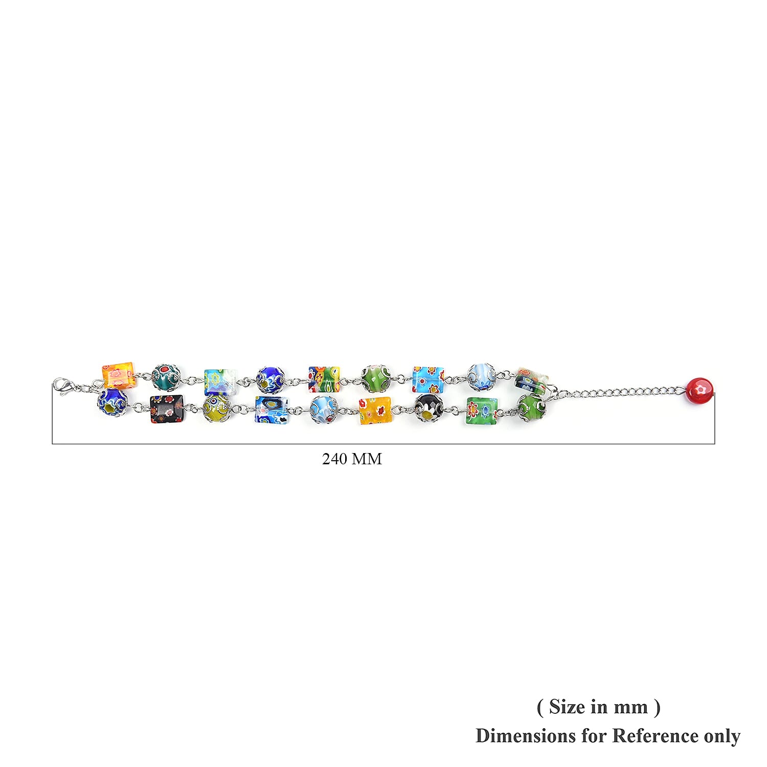 Multi Colour Murano Style Glass Bracelet (Size 7.5 with 2 inch Extender) in Stainless Steel