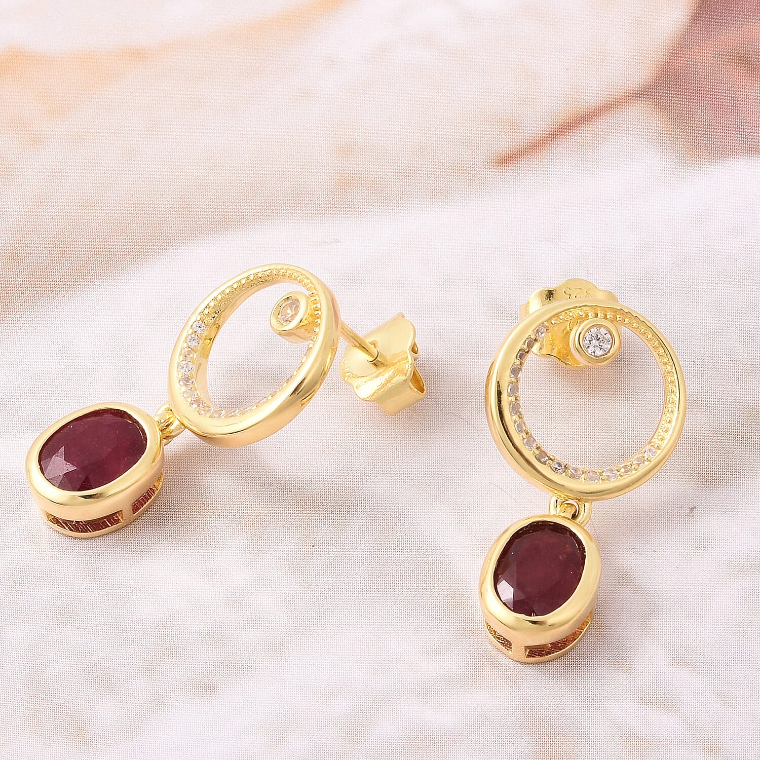 Isabella Liu Twilight Collection - African Ruby (FF) and Natural Cambodian Zircon Earrings (with Push Back) in Yellow Gold Overlay Sterling Silver 3.96 Ct.