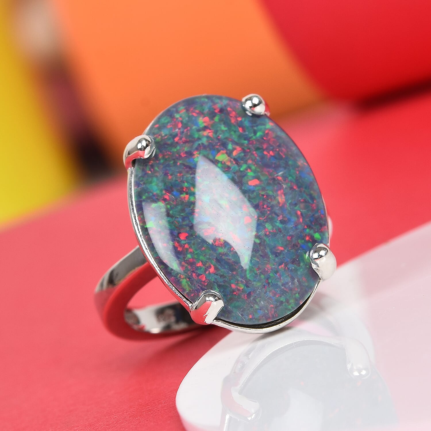 Extremely Rare Size- AAA Boulder Opal (OV 20X15 mm) Ring in Platinum Overlay Sterling Silver