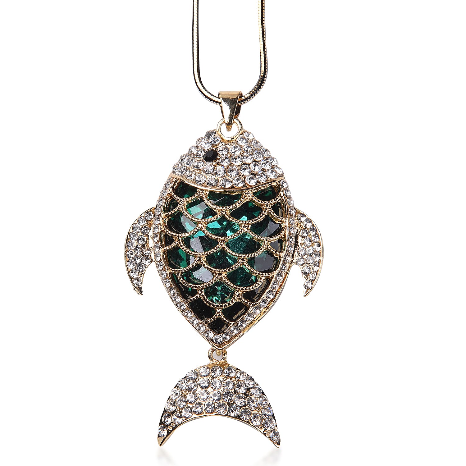 Simulated Emerald, White and Black Austrian Crystal Fish Pendant with Chain (Size 30-2 Inch Ext.) in Two Tone