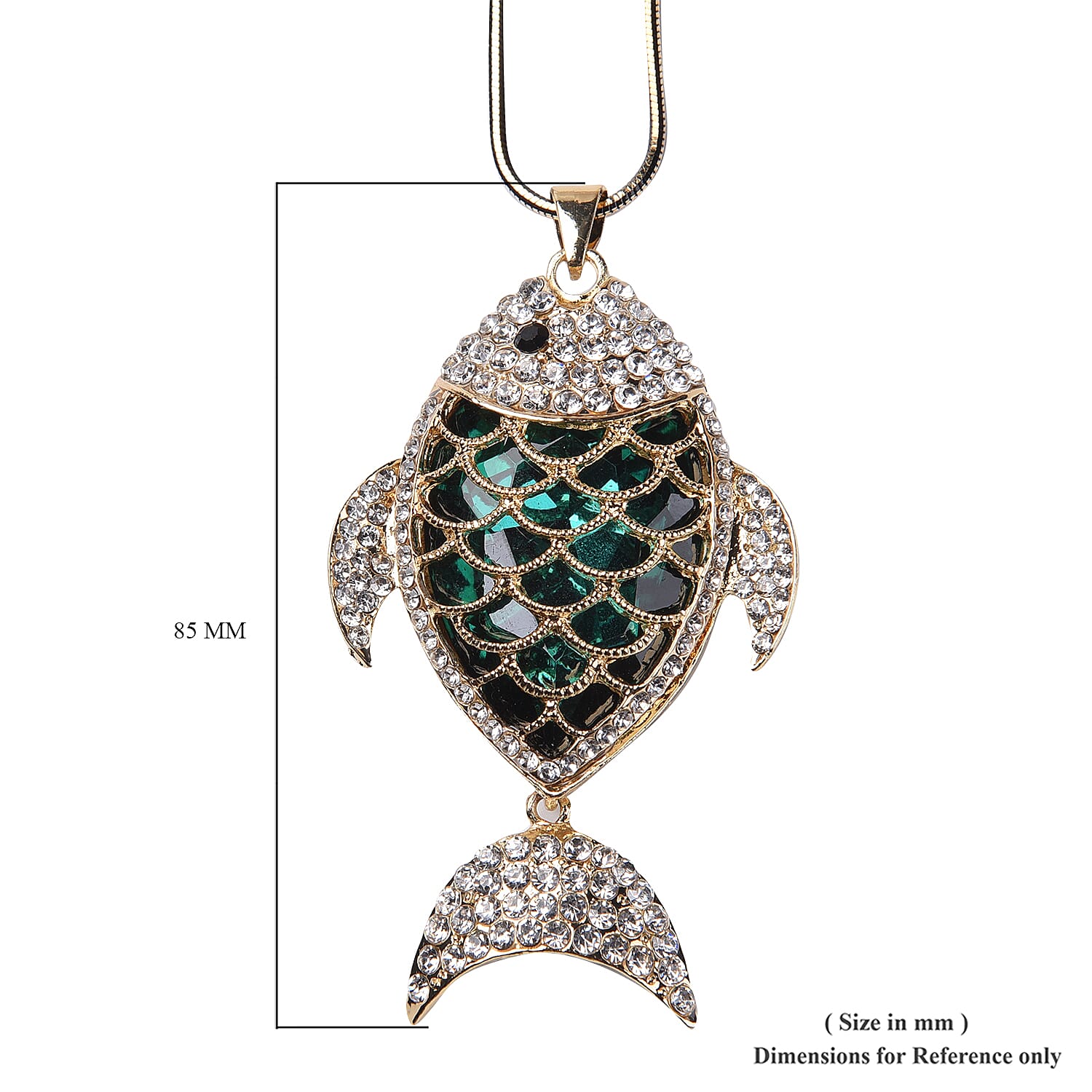 Simulated Emerald, White and Black Austrian Crystal Fish Pendant with Chain (Size 30-2 Inch Ext.) in Two Tone