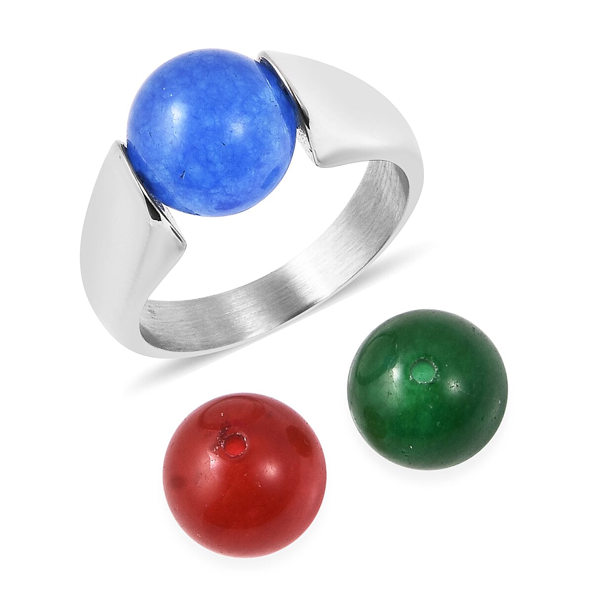 Blue, Green and Red Jade Three Bead Interchangeable Ring in Stainless Steel 20.75 Ct.