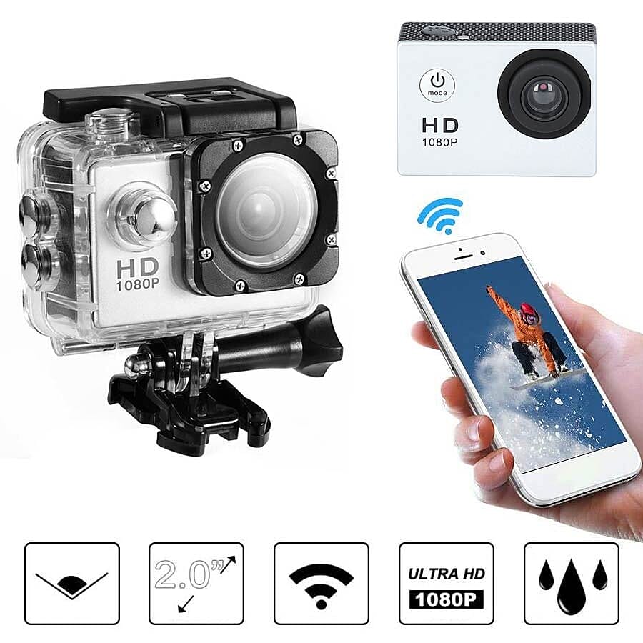 1080P HD TFT Screen Action Camera with 100 Degree Wide Angle - White