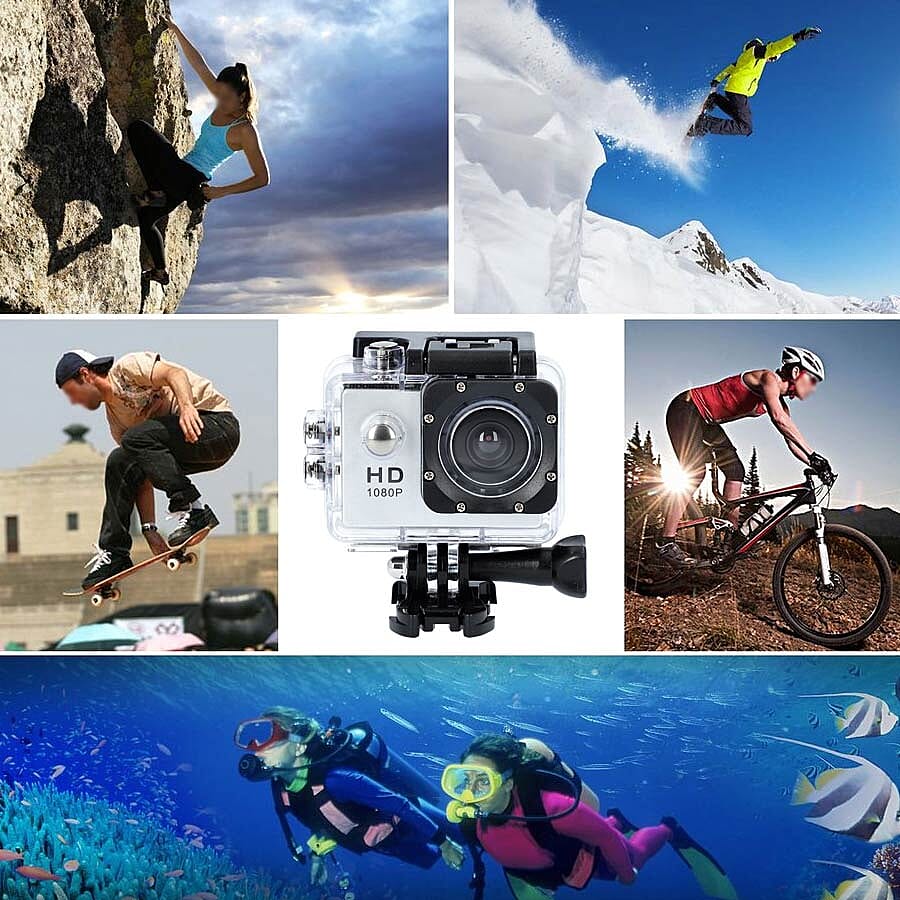 1080P HD TFT Screen Action Camera with 100 Degree Wide Angle - White
