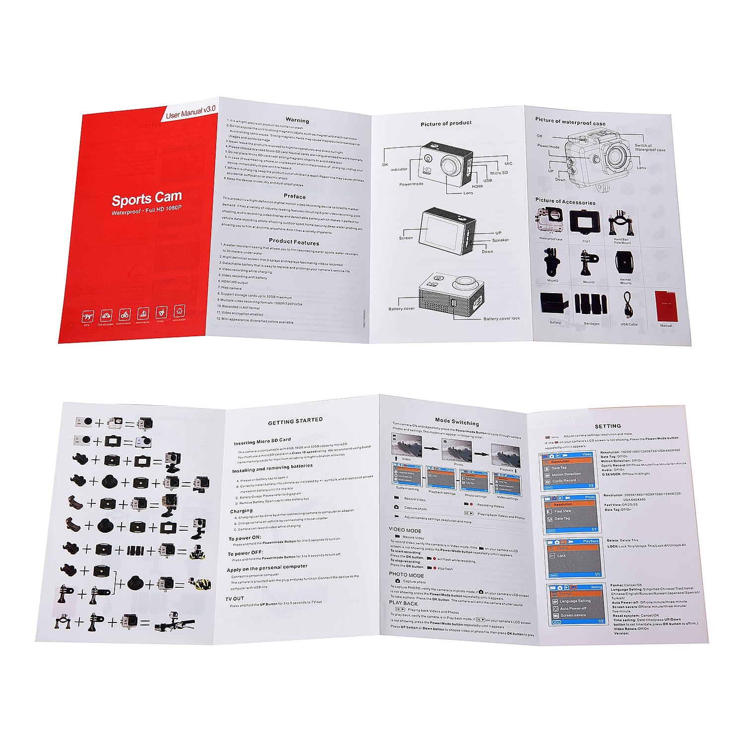 1080P HD TFT Screen Action Camera with 100 Degree Wide Angle - Black