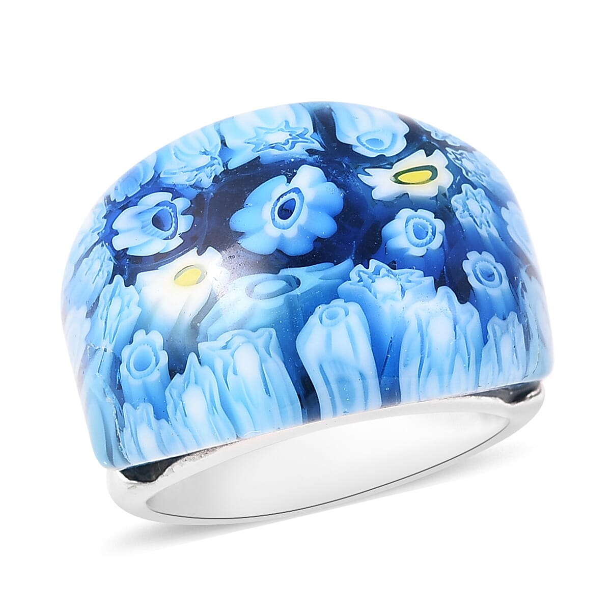 Blue Colour Murano Glass Dome Ring in Stainless Steel