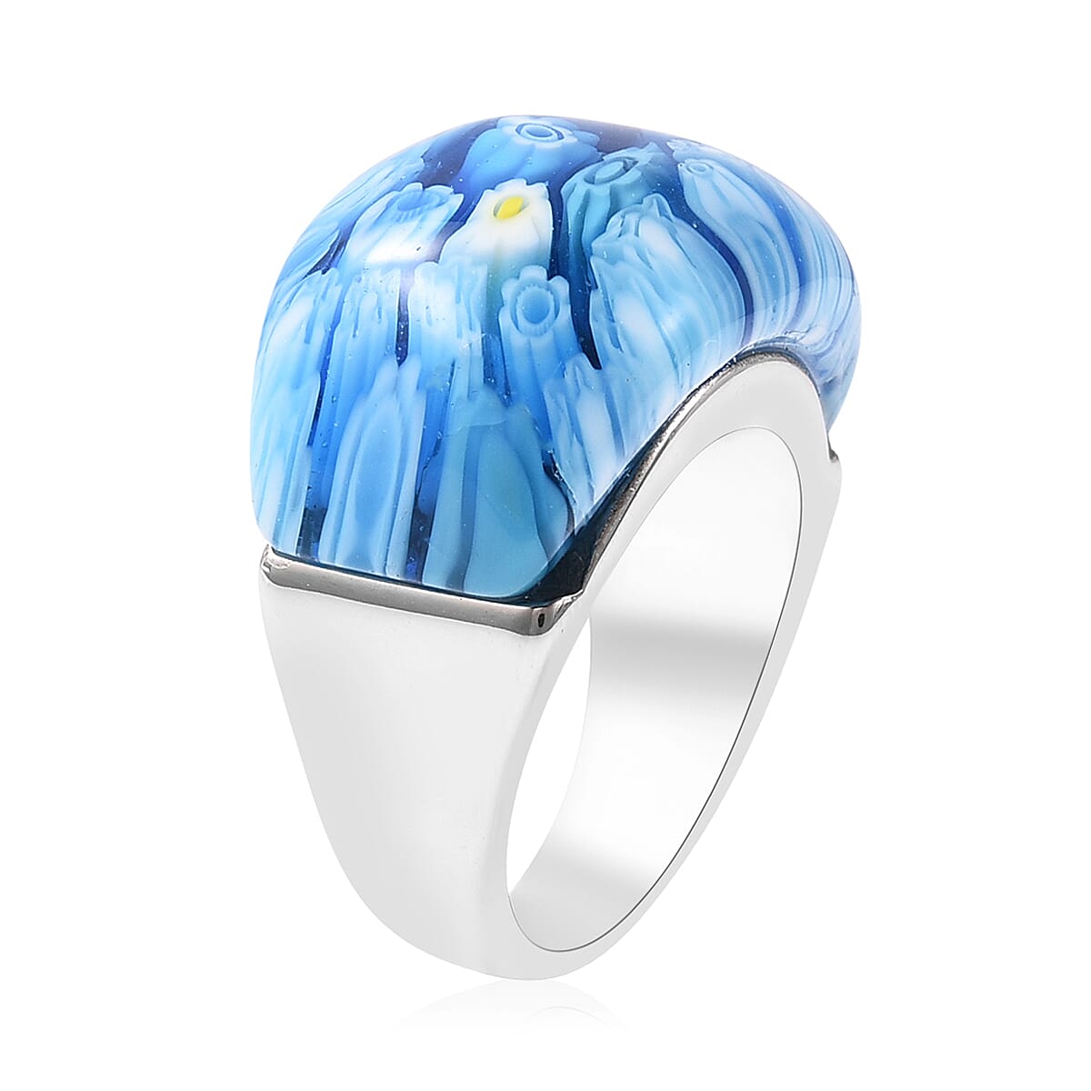 Blue Colour Murano Glass Dome Ring in Stainless Steel