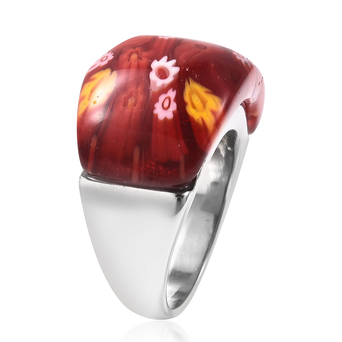 Red Colour Murano Style Glass Dome Ring in Stainless Steel
