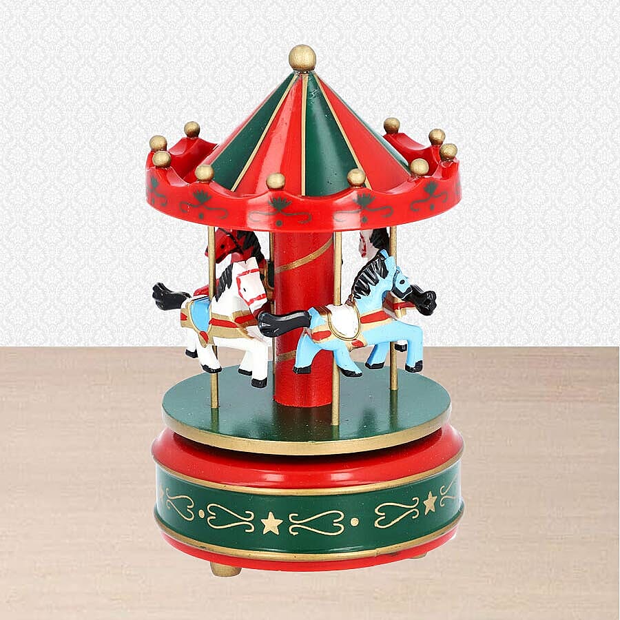 Stocking Filler- Handcrafted Merry-Go-Round Carousel with Wooden Horses Music Box (Size 11x18cm) - Red and Green