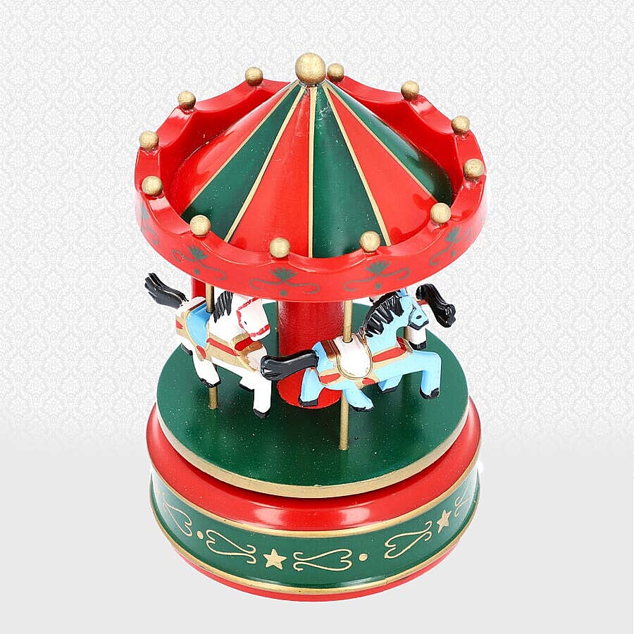 Stocking Filler- Handcrafted Merry-Go-Round Carousel with Wooden Horses Music Box (Size 11x18cm) - Red and Green