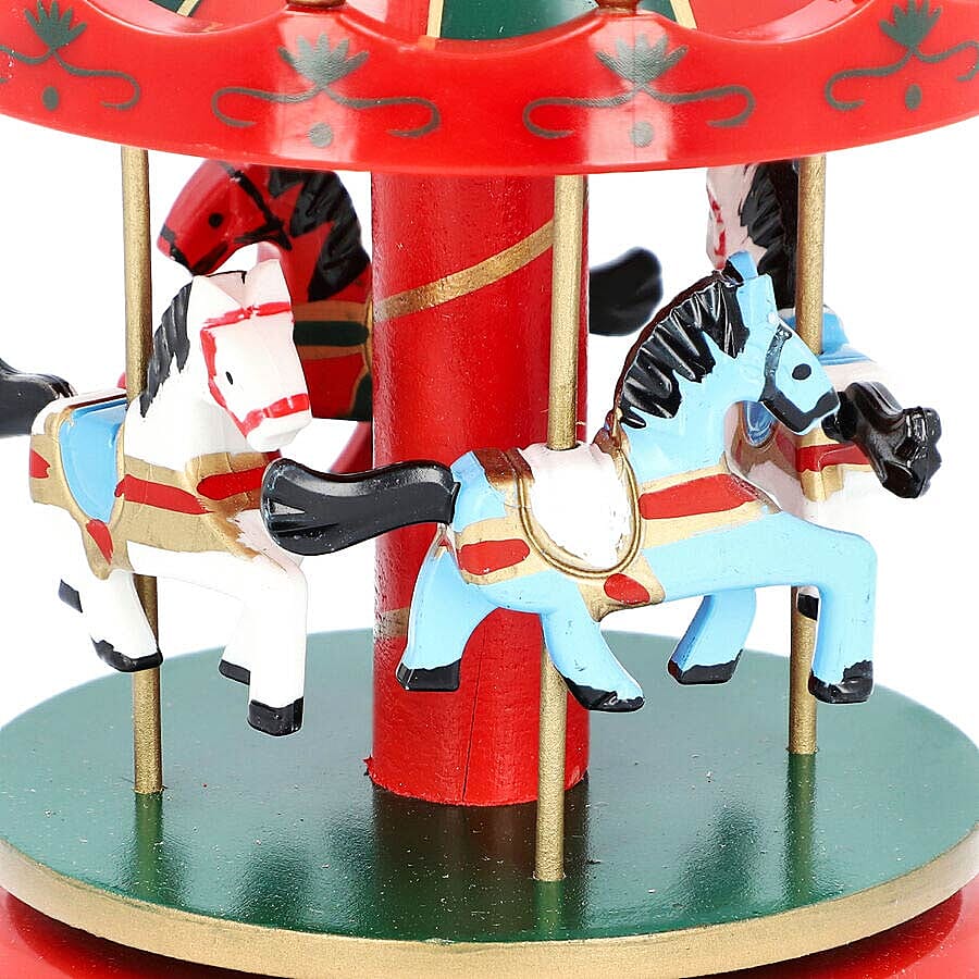 Stocking Filler- Handcrafted Merry-Go-Round Carousel with Wooden Horses Music Box (Size 11x18cm) - Red and Green