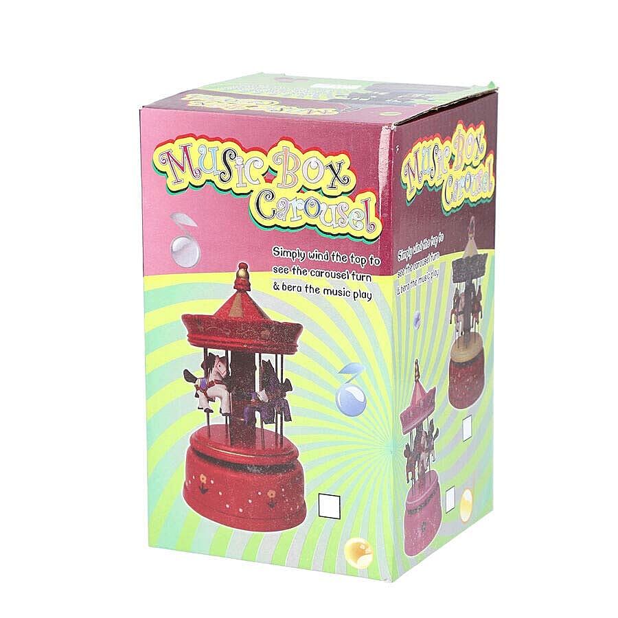 Stocking Filler- Handcrafted Merry-Go-Round Carousel with Wooden Horses Music Box (Size 11x18cm) - Red and Green