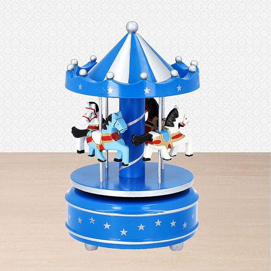Stocking Filler- Handcrafted Merry-Go-Round Carousel with Wooden Horses Music Box (Size 11x18cm) - Blue and White