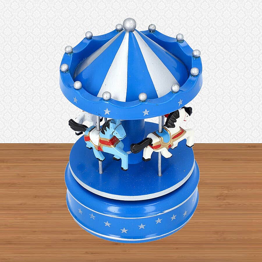 Stocking Filler- Handcrafted Merry-Go-Round Carousel with Wooden Horses Music Box (Size 11x18cm) - Blue and White