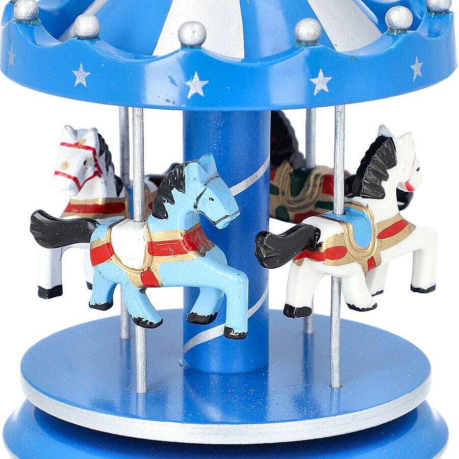Stocking Filler- Handcrafted Merry-Go-Round Carousel with Wooden Horses Music Box (Size 11x18cm) - Blue and White