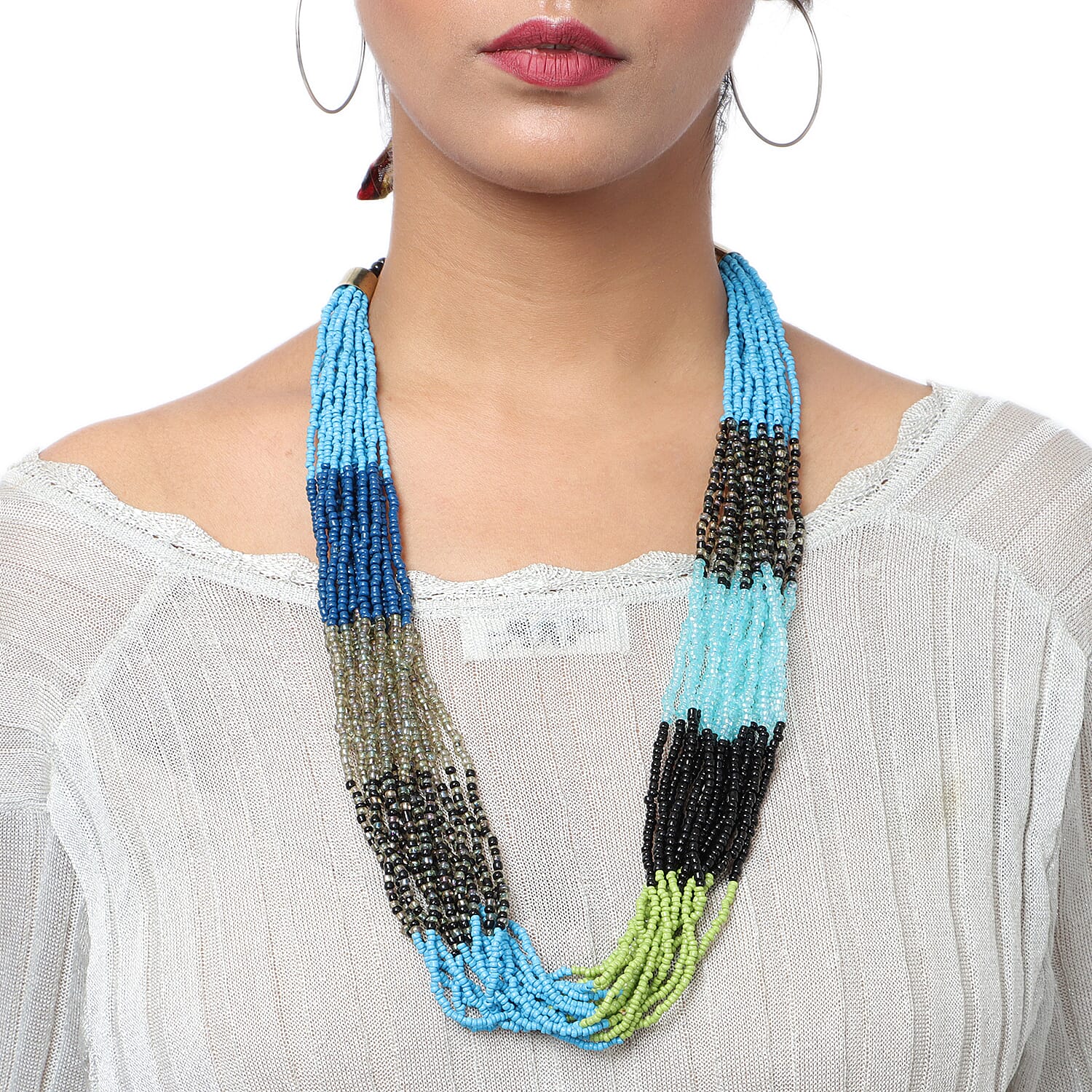 Designer Inspired- Blue and Multi Colour Long Beaded Necklace (Size 30 with Extender)